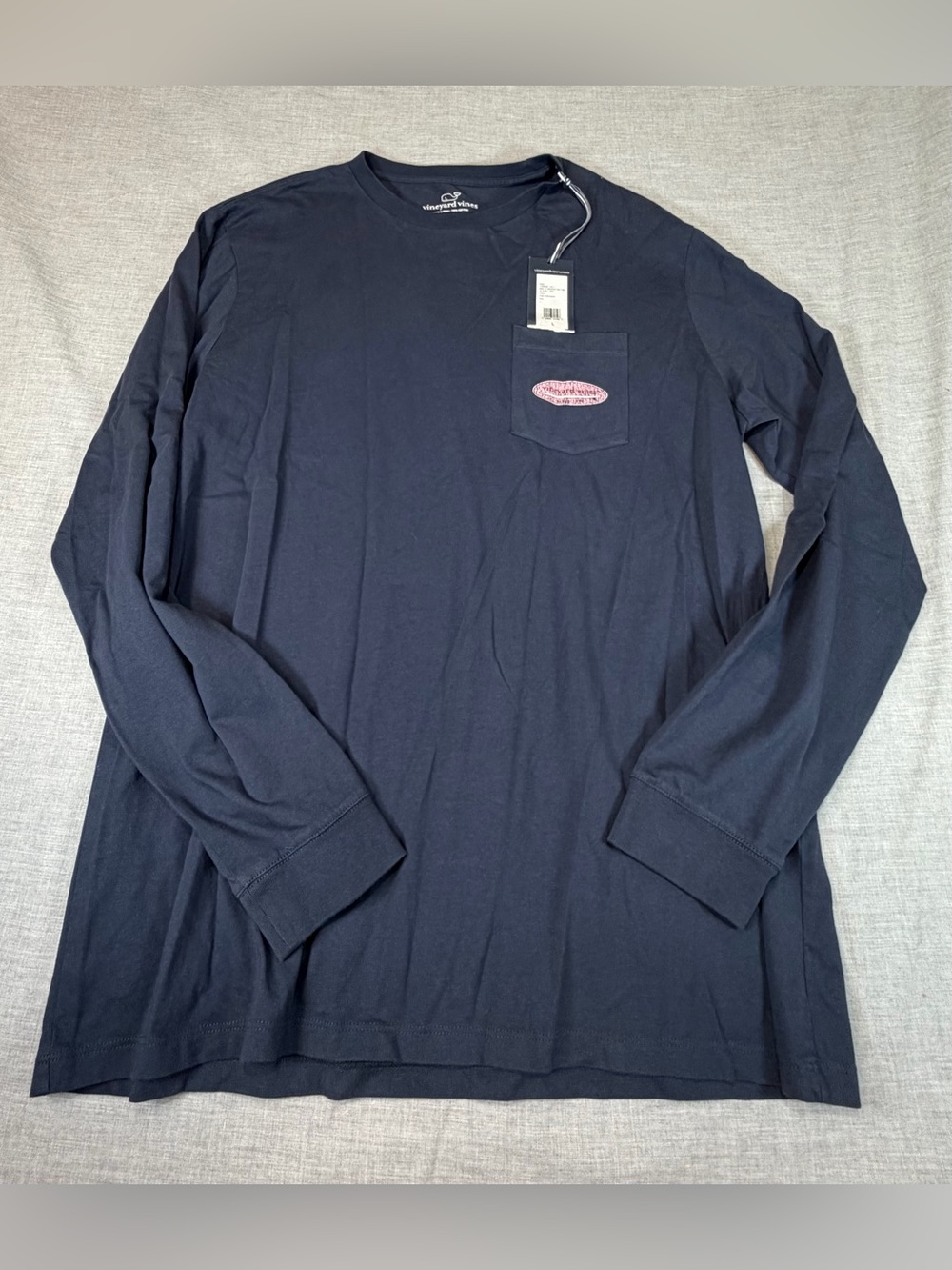 Vineyard Vines Navy Long-Sleeve Pocket Tee with Pink Logo Patch